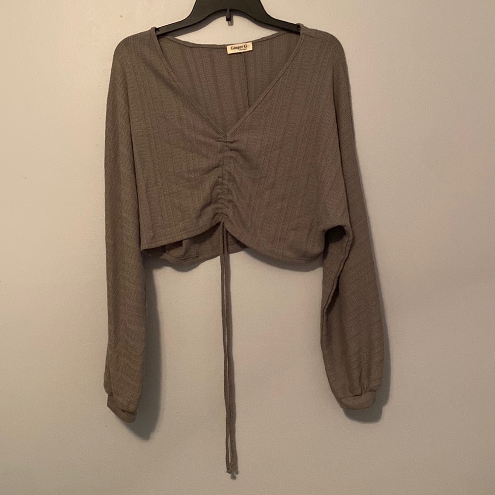 Grey Solid Drawstring Ruched Front Waist Crop Long Sleeve Waffle Crop Top